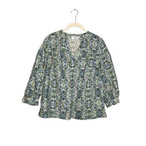 Avara Blouse Womens Large Multicolor Geometric V Neck 3/4 Balloon Sleeve Top